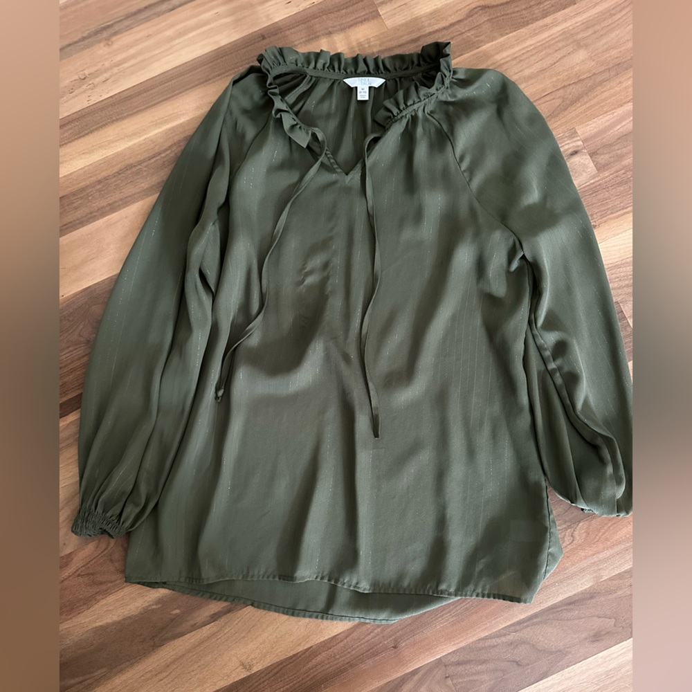 Green flowy blouse with small gold stripes